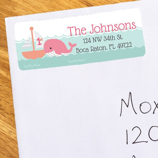 Lil Whale Pink 1st Birthday Address Labels Return,  1 x 2.6 inch,  set of 60