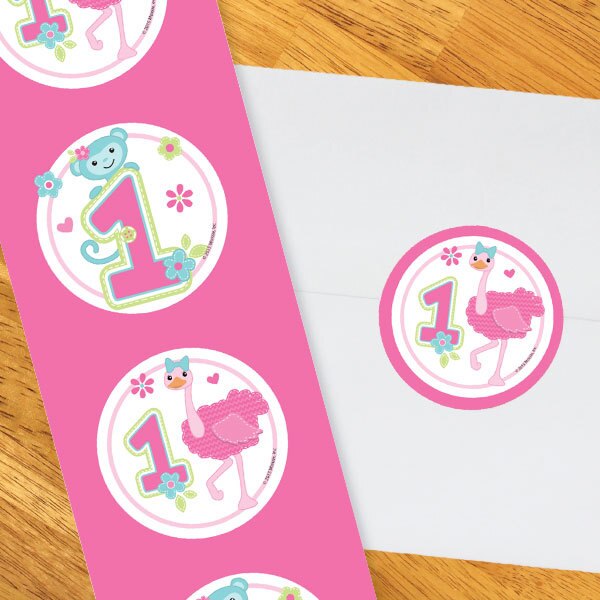 Zoo 1st Birthday Pink Circle Stickers,  2 inch,  set of 60