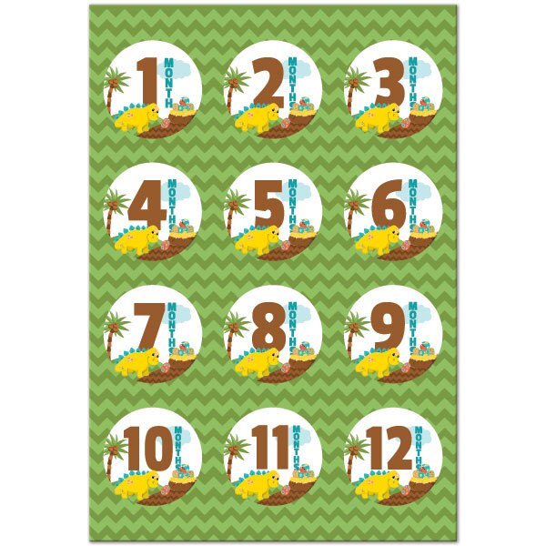 Lil Dinosaur Baby 1st Year Large Stickers,  4 inch diameter,  set of 12