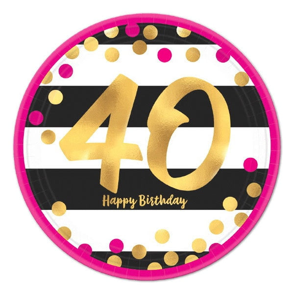 Pink and Gold 40th Metallic Dessert Plates,  7 inch,  8 count