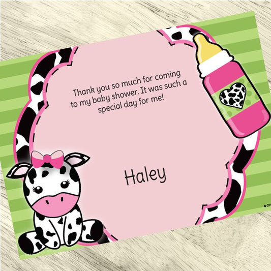 Cow Lil Calf Pink Baby Shower Thank You Notes Personalized with Envelopes,  5 x 7 inch,  set of 12