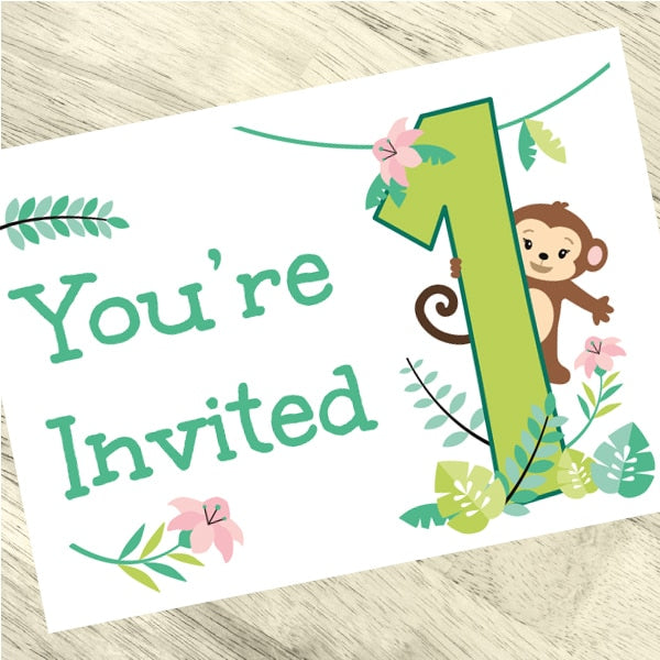 Lil Monkey 1st Birthday Invitations Fill-in with Envelopes,  4 x 6 inch,  set of 16