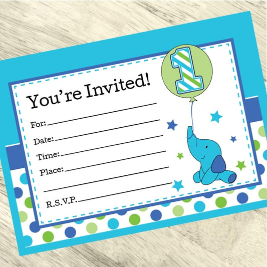 Elephant Dots 1st Blue Birthday Invitations Fill-in with Envelopes,  4 x 6 inch,  set of 16