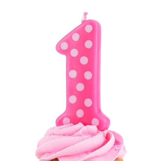 Pink with White Polka Dots 1st Birthday Candle