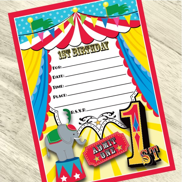 Retro Circus 1st Birthday Invitations Fill-in with Envelopes,  4 x 6 inch,  set of 16