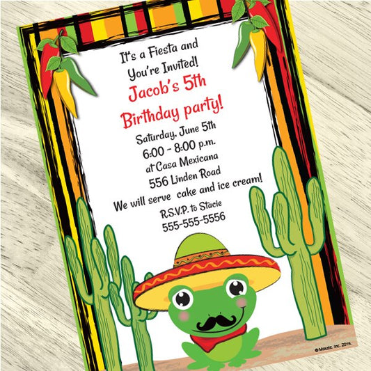 Fiesta Frog Invitations Personalized with Envelopes,  5 x 7 inch,  set of 12