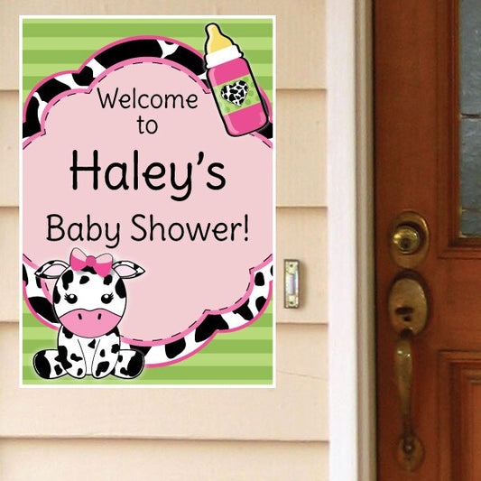 Cow Lil Calf Pink Baby Shower Door Greeter Personalized,  12.5 x 18.5 inch,  set of 3