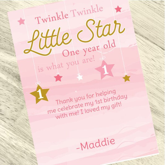 Twinkle Little Star Pink 1st Birthday Thank You Notes Personalized with Envelopes,  5 x 7 inch,  set of 12