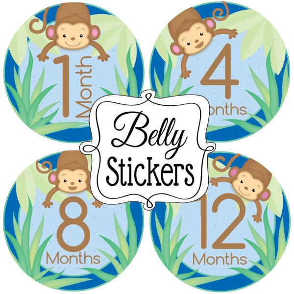Lil Monkey Blue Baby Shower 1st Year Large Stickers,  4 inch diameter,  set of 12