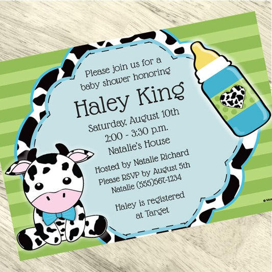 Cow Lil Calf Blue Baby Shower Invitations Personalized with Envelopes,  5 x 7 inch,  set of 12