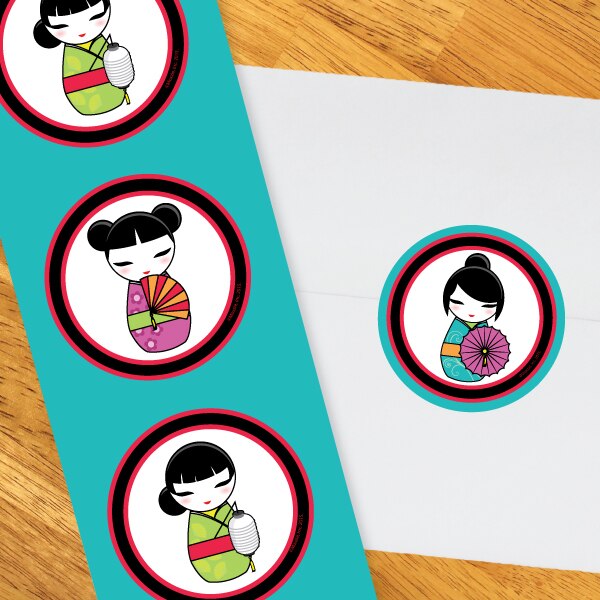 Kokeshi Circle Stickers,  2 inch,  set of 60