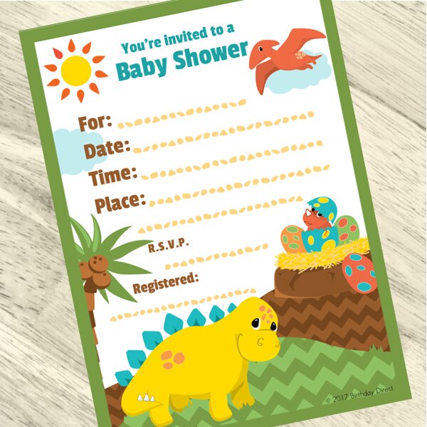 Lil Dinosaur Baby Shower Invitations Fill-in with Envelopes,  4 x 6 inch,  set of 16