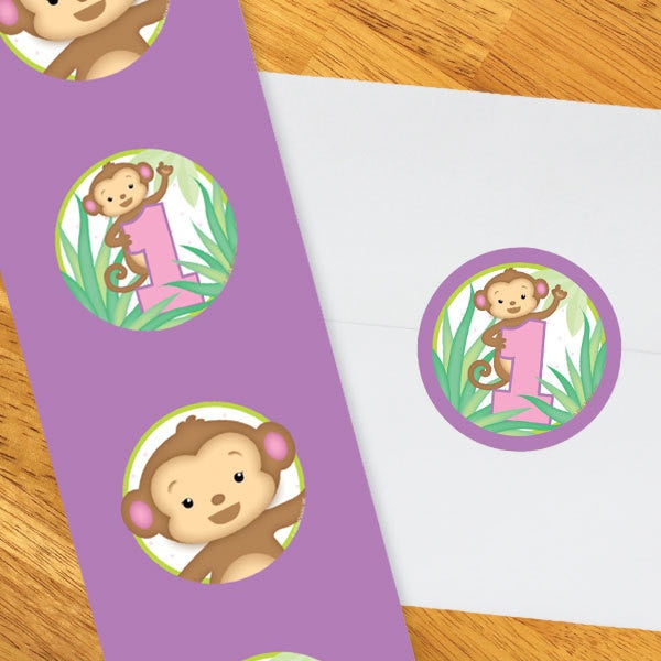 Lil Monkey Pink 1st Birthday Circle Stickers,  2 inch,  set of 60
