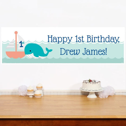Lil Whale Blue 1st Birthday Banners Personalized,  12 x 40 inch,  set of 2