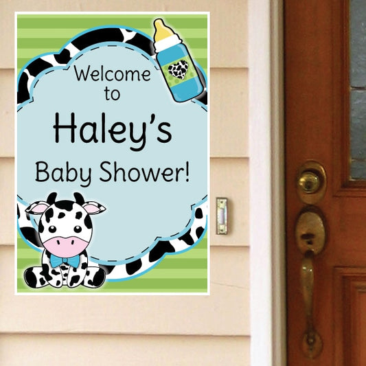Cow Lil Calf Blue Baby Shower Door Greeter Personalized,  12.5 x 18.5 inch,  set of 3