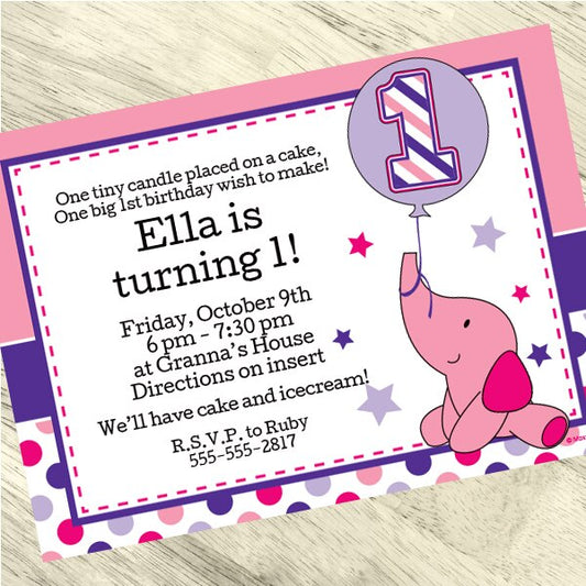 Elephant Dots 1st Pink Birthday Invitations Personalized with Envelopes,  5 x 7 inch,  set of 12