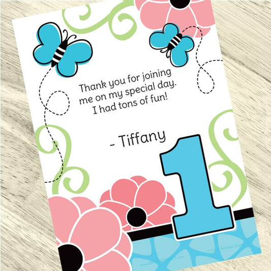 Butterfly 1st Birthday Thank You Notes Personalized with Envelopes,  5 x 7 inch,  set of 12