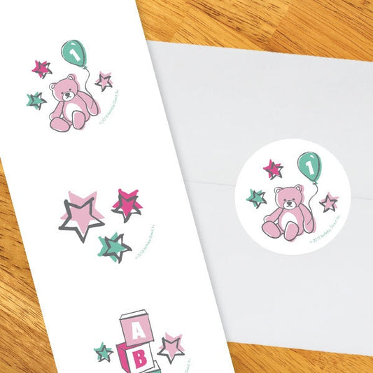 Doodle 1st Birthday Pink Circle Stickers,  2 inch,  set of 60