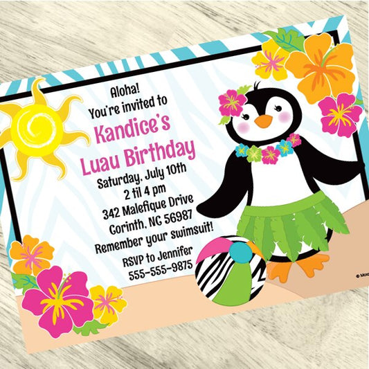 Penguin Luau Invitations Personalized with Envelopes,  5 x 7 inch,  set of 12