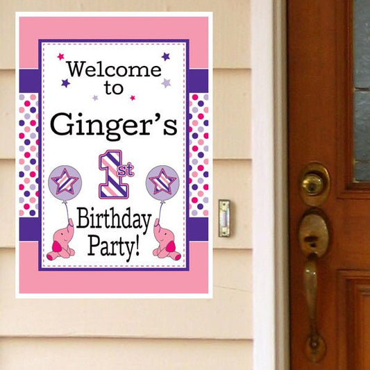 Elephant Dots 1st Pink Birthday Door Greeter Personalized,  12.5 x 18.5 inch,  set of 3