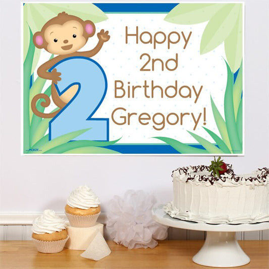 Lil Monkey Blue 2nd Birthday Party Poster Personalized,  12.5 x 18.5 inch,  set of 3