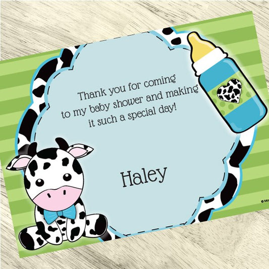 Cow Lil Calf Blue Baby Shower Thank You Notes Personalized with Envelopes,  5 x 7 inch,  set of 12