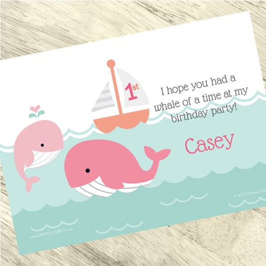 Lil Whale Pink 1st Birthday Thank You Notes Personalized with Envelopes,  5 x 7 inch,  set of 12