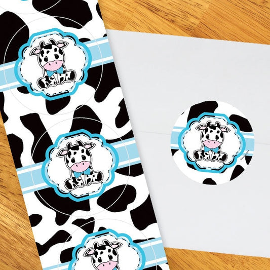 Cow Lil Calf Blue Circle Stickers,  2 inch,  set of 60