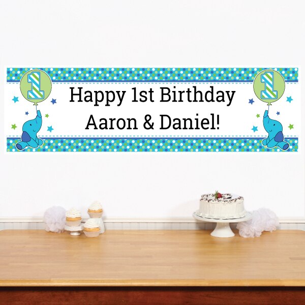 Elephant Dots 1st Blue Birthday Banners Personalized,  12 x 40 inch,  set of 2