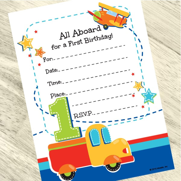 All Aboard 1st Birthday Invitations Fill-in with Envelopes,  4 x 6 inch,  set of 16