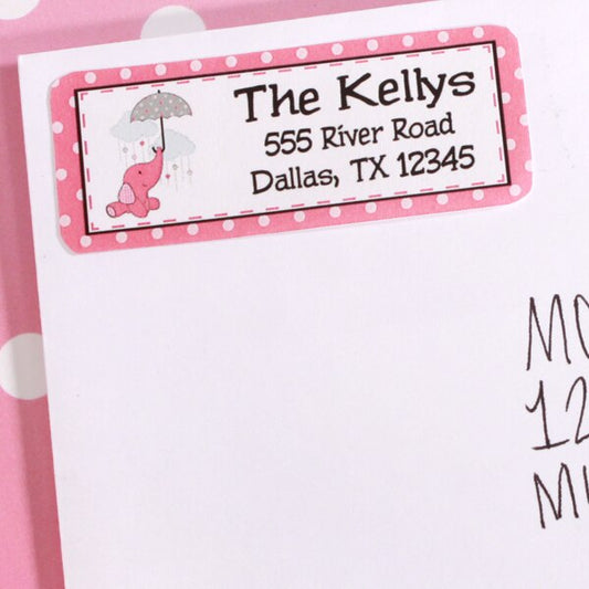 Elephant Baby Shower Pink Address Labels Return,  1 x 2.6 inch,  set of 60