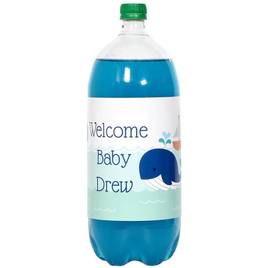 Lil Whale Blue Bottle Labels Personalized 2-liter Soda,  5 x 15 inch,  set of 8