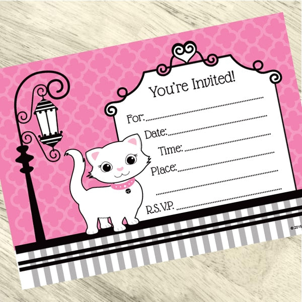 Paris Kitten Invitations Fill-in with Envelopes,  4 x 6 inch,  set of 16