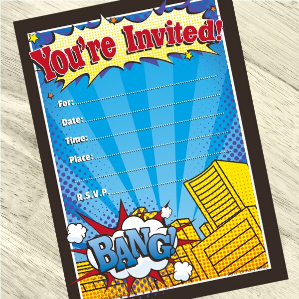 Comic Book Icons Invitations Fill-in with Envelopes,  4 x 6 inch,  set of 16