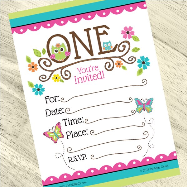 Lil Owl 1st Birthday Invitations Fill-in with Envelopes,  4 x 6 inch,  set of 16