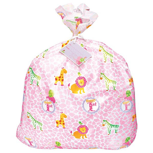 Safari 1st Birthday Pink Jumbo Plastic Gift Bag