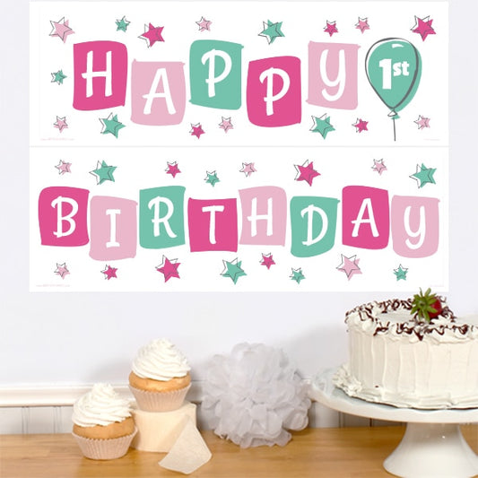 Doodle 1st Birthday Pink 2 Piece Banner,  6 x 37 inch,  3 sets of 2