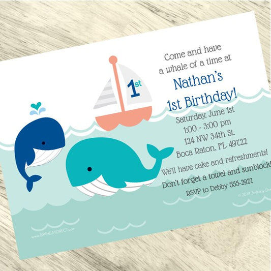 Lil Whale Blue 1st Birthday Invitations Personalized with Envelopes,  5 x 7 inch,  set of 12