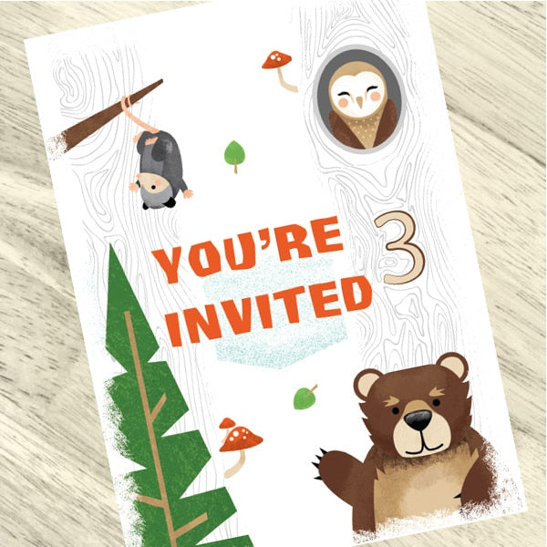 Wild Woodland 3rd Birthday Invitations Fill-in with Envelopes,  4 x 6 inch,  set of 16