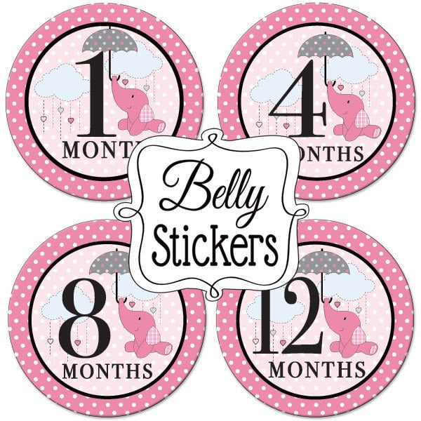Elephant Baby Pink 1st Year Large Stickers,  4 inch diameter,  set of 12