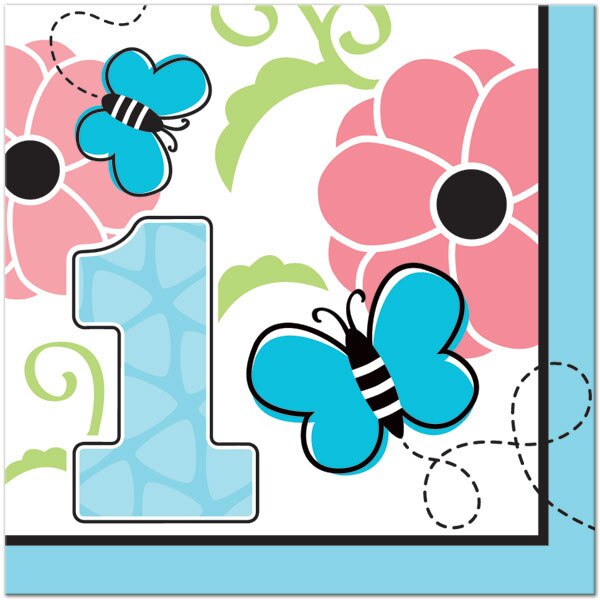 Butterfly 1st Birthday Lunch Napkins,  7 inch,  16 count