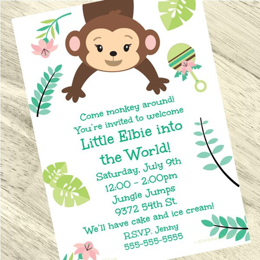 Lil Monkey Baby Shower Invitations Personalized with Envelopes,  5 x 7 inch,  set of 12