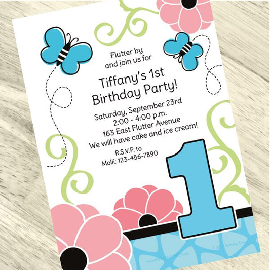 Butterfly 1st Birthday Invitations Personalized with Envelopes,  5 x 7 inch,  set of 12