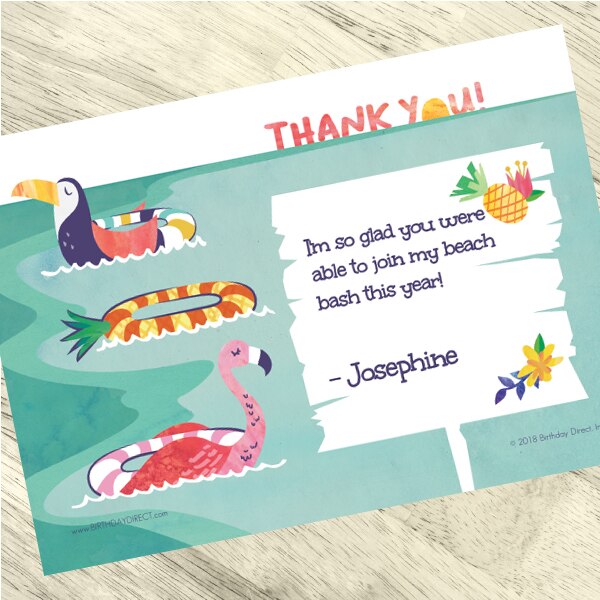 Tropical Pool Thank You Notes Personalized with Envelopes,  5 x 7 inch,  set of 12