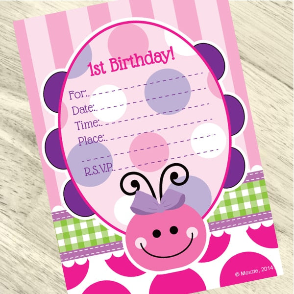 Lil Pink Ladybug 1st Birthday Invitations Fill-in with Envelopes,  4 x 6 inch,  set of 16