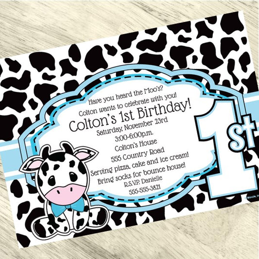 Cow Lil Calf Blue 1st Birthday Invitations Personalized with Envelopes,  5 x 7 inch,  set of 12