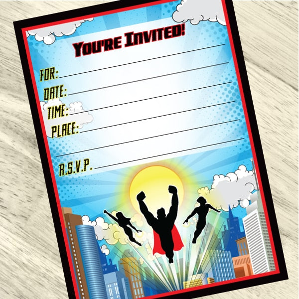 Comic Book Hero Invitations Fill-in with Envelopes,  4 x 6 inch,  set of 16