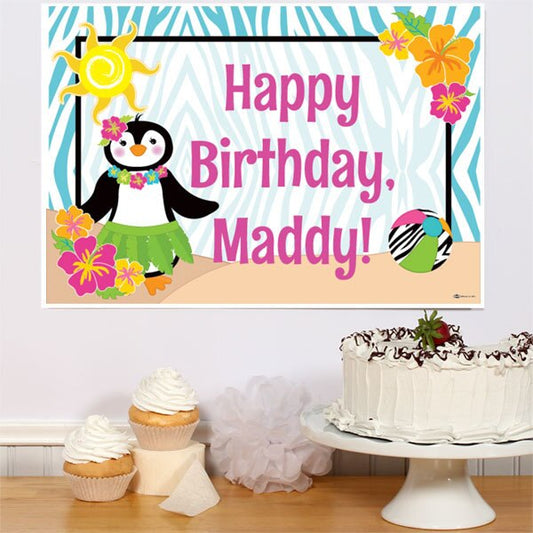 Penguin Luau Party Poster Personalized,  12.5 x 18.5 inch,  set of 3