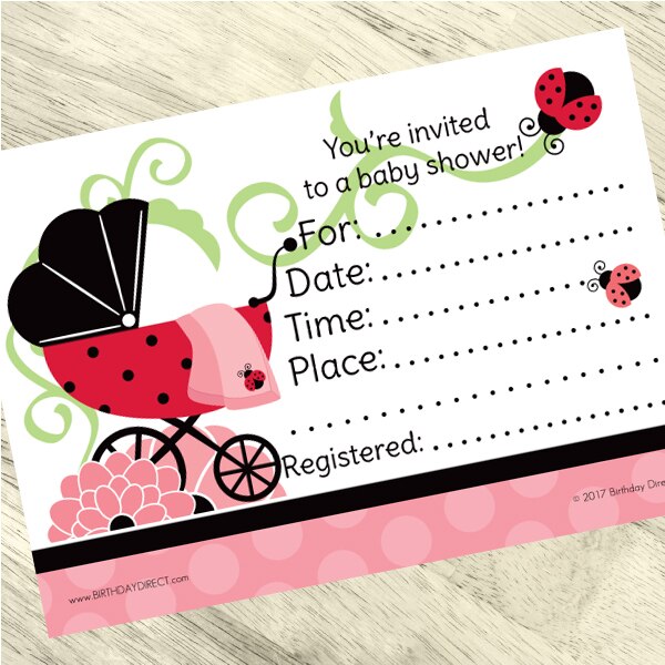 Lil Ladybug Baby Shower Invitations Fill-in with Envelopes,  4 x 6 inch,  set of 16