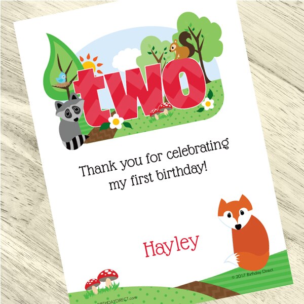 Woodland Animals 2nd Birthday Thank You Notes Personalized with Envelopes,  5 x 7 inch,  set of 12